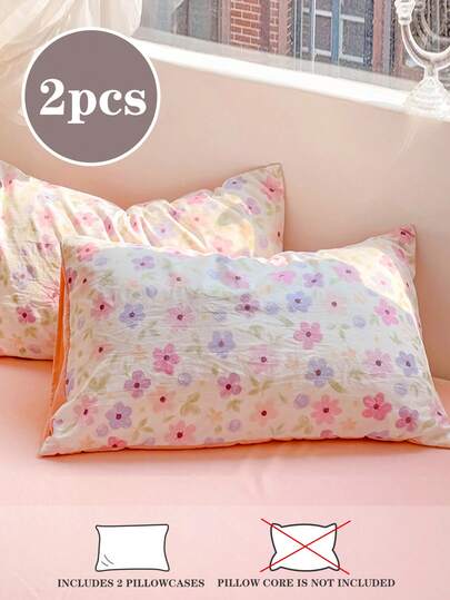 2pcs Ditsy Floral Soft Pillowcase, Pink, Suitable For Twin, Full, Queen, King Sizes