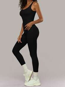 Yefecy 一件纯色连体裤 高弹力跑步健身运动服 无缝瑜伽运动连体裤 黑色 - 黑色 - 查看 3