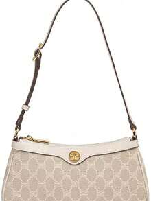 经典百搭纯色PU防水面料单肩包，金属扣装饰，腋下法棍包款式，全身印花设计，适合购物、通勤、聚会等各种场合。 - 米色 - 查看 3