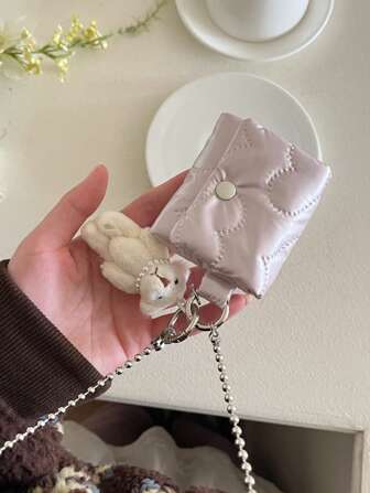 1Set: Silver Heart, Pink Heart Embroidery Earphone Case + White Bear, Silver Plated Chain Lanyard. Handcrafted, Lightweight, Portable, Suitable For Various Models, Can Be Used As Soft Coin Purse/Key Case/Earphone Case, Compatible With Airpods 4/3/Pro, Airpods Pro 2/2, Galaxy Buds 3, Galaxy Buds 3 Pro