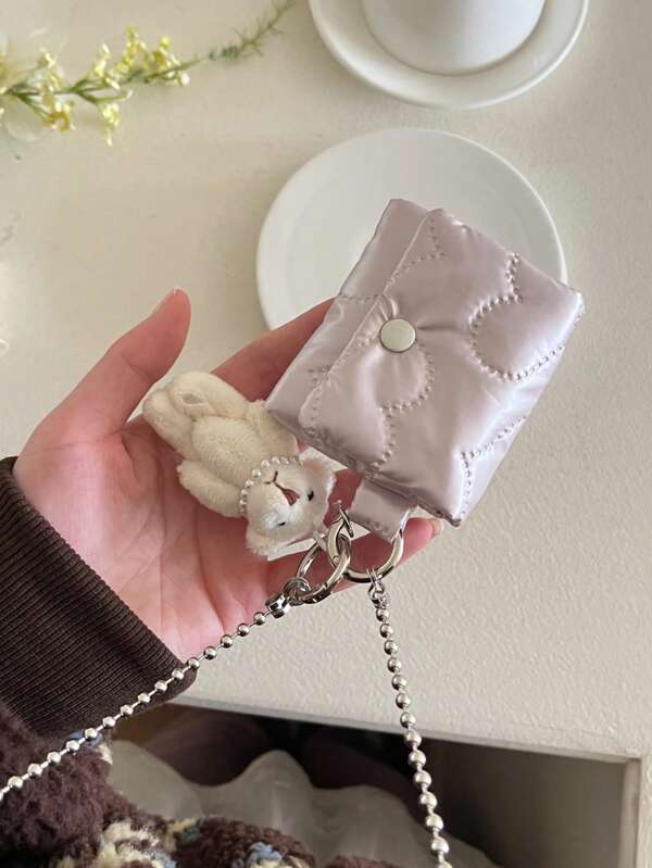 1 Set: Silber Herz, Rosa Herz bestickte Kopfhörertasche + weißer Bär, versilberte Kette Schlüsselband. Handgefertigt, leicht, tragbar, geeignet für verschiedene Modelle, kann als weiches Münzfach/Schlüsselfutteral/Kopfhörertasche verwendet werden, kompatibel mit 4/3/Pro, Pro 2/2, Galaxy Buds 3, Galaxy Buds 3 Pro