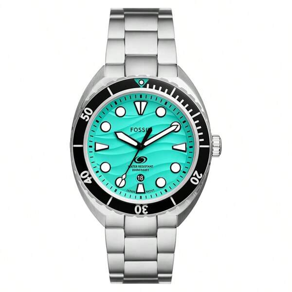 Fossil ساعة يد غوص للرجال طراز Fossil Breather fashion بحركة كوارتز اليابانية، طبعات مزينة بأمواج باللون الأخضر ، مؤشرات ضوئية هندسية والإطار الدّوار، مقاومة للماء حتى 20 ATM، للاستخدام اليومي وكهدية في المناسبات