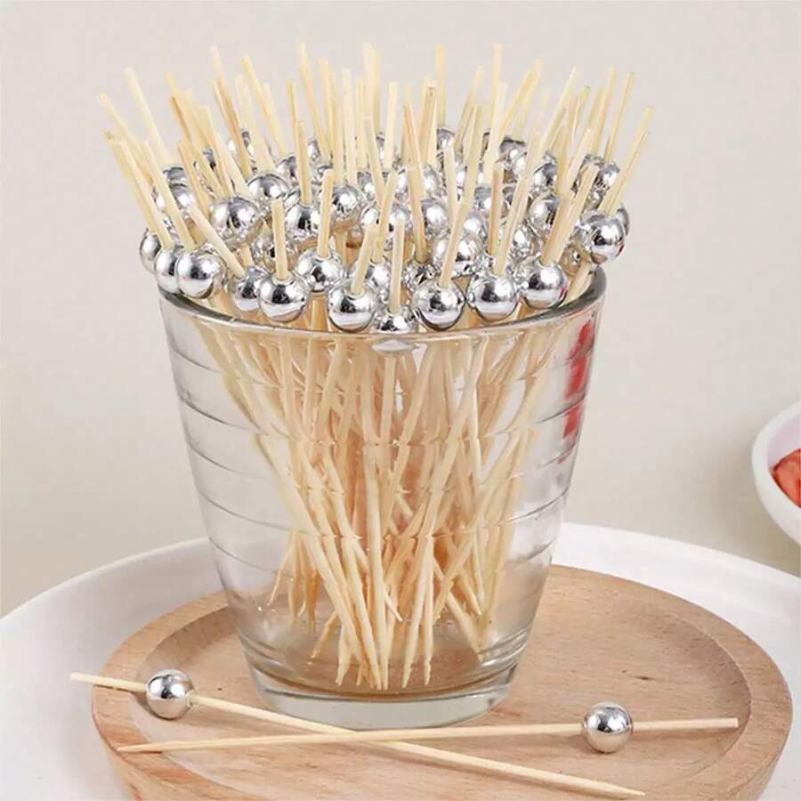 200 pièces Brochettes en bambou, design de perles de fantaisie rondes, convient pour la cuisine, la table, les salades de fruits, les mariages, les événements de fête, convient pour le Ramadan ou les fêtes, couleur argent