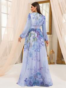 Đầm maxi nữ cổ chữ V tay phồng in hoa ngẫu nhiên, thanh lịch cho kỳ nghỉ xuân. - Màu xanh lam - Xem 2