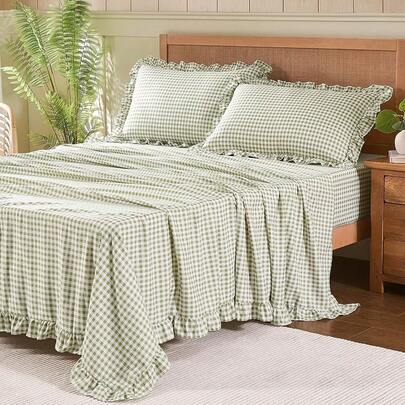 Gingham Sheet Set, Lightweight Soft Brushed Microfiber Plaid Bed Sheets With 16 Deep Pocket, 4 Piece Ruffle Bedroom Decor, Sage Green, Farmhouse Style