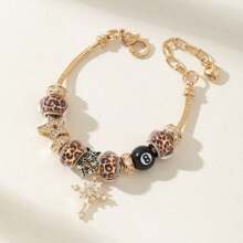 1 pieza Brazalete ajustable con dije de bola de billar, diseño minimalista de estampado de leopardo, estrella y cruz, para mujeres y parejas