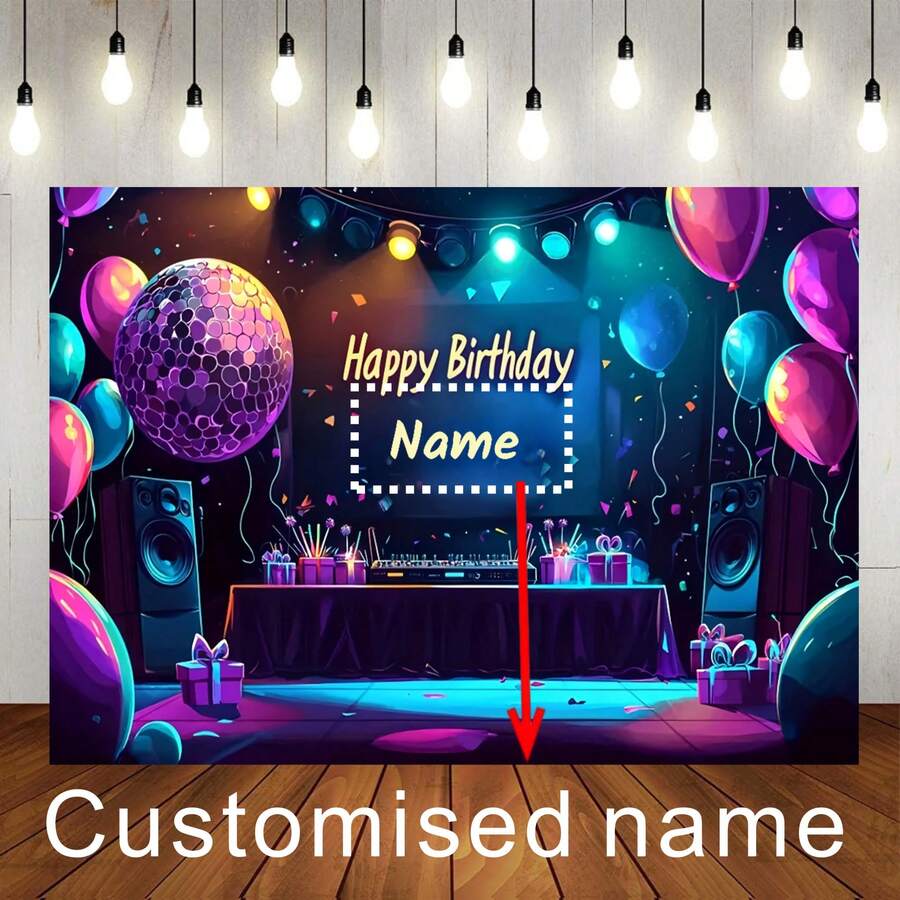 1 件可定制名称 DJ 迪斯科主题生日快乐背景布彩灯气球聚光灯图案设计适用于迪斯科舞会生日派对蛋糕装饰摄影横幅 - 彩色 - 查看 1