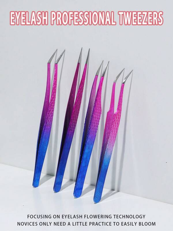 4pcs/Set, Blue & Red Gradient Eyelash Clamp, High Quality Stainless Steel Tweezers, Curved Tweezers, Professional Makeup Tools For Eyelash Extension, Suitable For Crafts, Eye Care, Lashes, Gift, Decor And Commercial Use