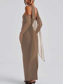 Damen plissiertes rückenfreies Maxikleid mit Schlitz und Handschuhen, figurbetontes sexy elegantes Abendkleid - Khaki - Übersicht 2