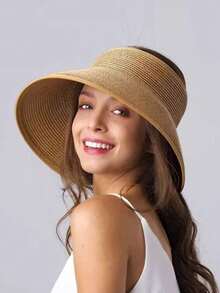 Women's Sun Visor Hats Wide Brim Straw Beach Hat Ponytail Hats For Women Foldable Floppy - A - View 2