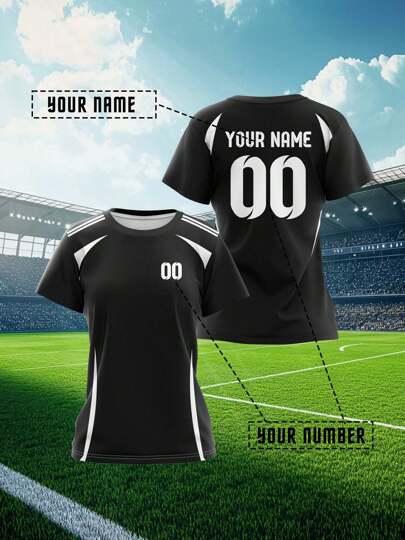 2025 Customized Sports Jersey, Summer New Casual Outdoor Training Sports Single Piece Short Sleeve Women's Sports Team Club Training Gym Jersey Top, Front & Back Printed Name & Number, Breathable Quick-Dry, Comfortable Fit For Daily, Party, Black Undershirt