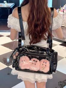 新款日系PU皮Y2K心形链条透明徽章包，休闲简约街头风多功能大容量单肩斜挎包，可装杂物、挂钥匙、收纳明信片 - 黑色 - 查看 9