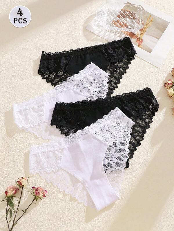 4pcs/Set Solid Color Lace Seamless Patchwork Ladies' Bikini Briefs, Sexy And Romantic