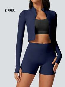 NcmRyu 2Piece Set Women's Solid Thumb Hole Zip Up Crop Jacket &High Waist Biker Shorts Tracksuit Set StreetwearTracksuit Sporty Breathable Comfy Outfits ForGym Workout Running Ladies Sportswear ForFall Minimalistic Outfit Cute Going Out Tops - 藏蓝色 - 查看 7