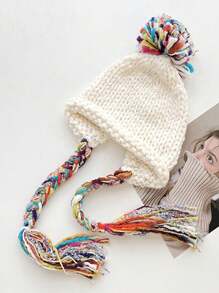 1pc Women's Winter Handmade Tassel Knit Hat, Autumn & Winter Warm Ear Protection Fashionable Beanie, Suitable For Daily Wear, Shopping And Skiing