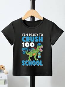 男童返校趣味标语和恐龙印花短袖T恤