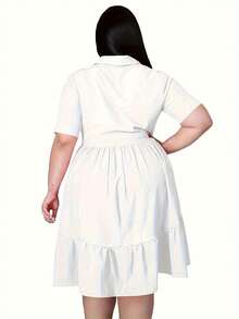 Plus Size Women's Solid Color Ruffled Hem Dress - Button Folded Lapel Design, Summer And Autumn Casual And Elegant Style - 白色 - 查看 5