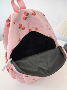 1pc, Versatile, Fashionable, High-Value, Niche Design, Casual, Cute, Sweet, Hand-Held Backpack, Fabric Letter Strawberry Print, Adjustable Shoulder Strap, Large Capacity, Multi-Pocket Backpack, Suitable For Women'S Daily Commuting And Going Out For Shopping And Play