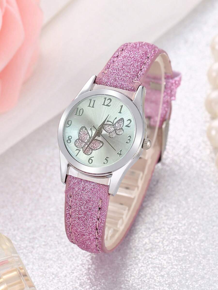 1入組蝴蝶皮革可愛女孩兒童手錶