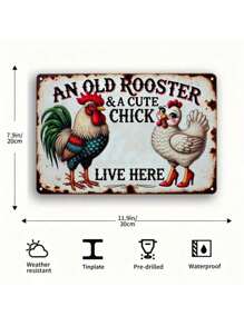 1pc Vintage Decorative Metal Tin Sign "One Old Rooster And A Cute Chick Live Here" - Multi-Purpose Wall Plaque For Home, Bar, Cafe, Garden, Farmhouse - Weather-Resistant, Pre-Drilled, British Humor Tin Sign Gift, 8" X 12" - For Yard, Street, Mall, Garage, Man Cave, Bedroom, Random Style