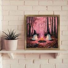 1pc Cute Witch Ghosts Print, Pinkoween, Pink Halloween Art Print, Spooky Vintage, Halloween Decor, Moody Wall Art, Dark Academia Print, Canvas Wall Art,Posters For Room,Home Decor,Room Decor Aesthetic,Room Decoration Stuff.Optional Frame. Fall Decor - 1pc - View 1