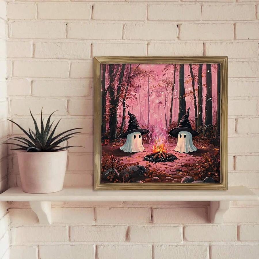 1pc Cute Witch Ghosts Print, Pinkoween, Pink Halloween Art Print, Spooky Vintage, Halloween Decor, Moody Wall Art, Dark Academia Print, Canvas Wall Art,Posters For Room,Home Decor,Room Decor Aesthetic,Room Decoration Stuff.Optional Frame. Fall Decor - 1pc - View 1