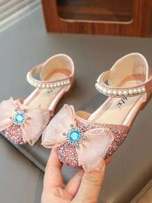 1 Pair Fashion Princess Shoes For Girls, Soft Bottom Sandals With Imitation Diamonds & Bow, Rhinestone Baby Shoes, Sequin Ballet Flats - Pink - View 3