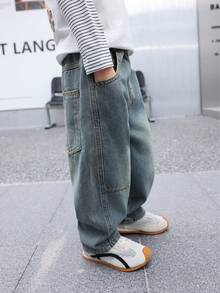 Jeans dritti e morbidi per ragazzi, adatti per uso quotidiano, scuola, abbigliamento casual all'aperto, autunno