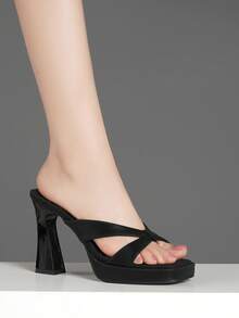 Summer New Women High Heel Sandals, Platform Chunky Heel, Metal Decor Transparent Mule - Black - View 4