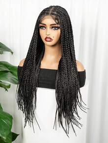 Full Lace Black Braided Wig Afro Women Cornrow Braid Wig Women Lace Frontal Braid Wig Synthetic Square Weave Braids - 黑色 - 查看 4