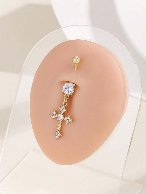 1 pieza de joyería de piercing de Body transversal chapada en oro con circonita, piercing de ombligo hipoalergénico