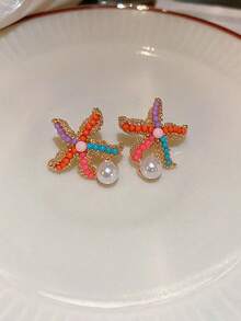 1 par de Brincos Estilo Boêmio Doce com Estrela do Mar Colorida e Pérola Falsa, Adequado para Uso Diário, Viagens, Festas de Praia, Férias, etc. para Mulheres
