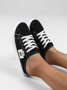 女士一脚蹬运动鞋，帆布一脚蹬鞋，时尚舒适拖鞋，防滑乐福鞋，休闲露跟鞋 - 黑與白 - 查看 6