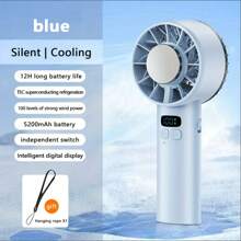1pc + TYPE-C USB + 5200mAh + 5V/1A + Digital Display + Portable + Desktop, Upright, Handheld Cooling Fan + 100 Speed Levels High-Velocity Wind + Outdoor Summer Cooling For Men & Women Hiking Traveling Mini Handheld Fan + Holiday Essential