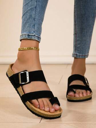 Unisex Single Buckle Flat Slides, Versatile Casual Comfortable Thick Sole Beach Sandals, Fashionable Lightweight Non-Slip Slippers