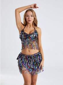 彩色亮片流苏胸衣上衣和腰链套装 - 肚皮舞舞台表演和夜店派对 - 彩色 - 查看 21