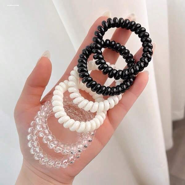 6 pezzi di elastici per capelli in filo di telefono trasparente, piccoli elastici in gomma, fermagli per capelli bianchi e neri per donne, adatti per coda di cavallo