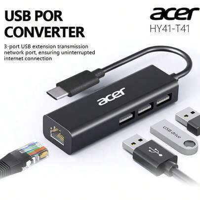Acer 4-In-1 Type-C Adapter, RJ45 Ethernet Port, 3 USB Data Ports, 10Gbps Ethernet Hub Splitter For Laptops, PCs, Tablets, Phones, White HY41-T41