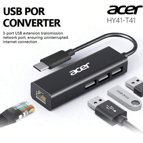 Adaptateur 4 en 1 Acer Type-C, port Ethernet RJ45, 3 ports de données USB, concentrateur Ethernet 10 Gbit/s pour ordinateurs portables, PC, tablettes, téléphones, blanc HY41-T41