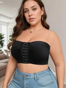 Plus Size Women's Strapless Bandeau Bra – Seamless Invisible Push-Up, Front-Closure Wireless Comfort, Back Mesh For Slimming & Support – 3-Row Hook, Ultra-Stretchy Off-Shoulder Solid Color Underwear - màu đen - Xem 1