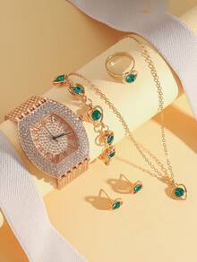 5 件套全新时尚水钻装饰钢带女士石英腕表，带罗马数字表盘，另加水钻心形吊坠配件，无礼盒 - 彩色 - 查看 6