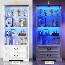 67" Tall Display Cabinet With Glass Doors And 2 Drawers, Adjustable Glass Height, Curio Cabinet With 3 LED Lights And Human Body Sensor (White) - 白色 - 查看 6