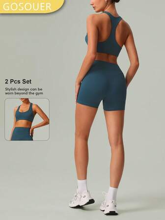 GOSOUER 2 PCS Summer Workout Set Women's U-Neckline Racer Back Bra Running Sports Bra And High Waist Tight Slimming Sports Running Fitness Short