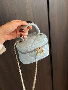 女士时尚 PU 手提包，菱形绗缝迷你斜挎包，配有链条肩带、润唇膏和零钱包，适合春夏季