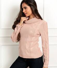 Knitted Blouse Boba Collar High Neck Blogger Braids - 乾枯玫瑰色 - 查看 3