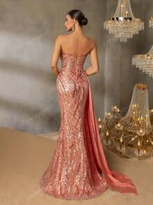 Faeriesty Faeriesty Luxury Sequin & Beaded Mermaid Gown - Strapless With Cross Back Straps, High Slit Revealing Fish-Scale Sequin Accents, Flared Tulle Train Overlay For Black Tie Affairs, Bridal Banquets, Red Carpet Galas
