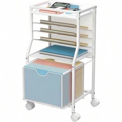 Rolling File Cart 6Tier Under Desk Organizer On Lockable Wheels Wood Planks Mesh File Cart With Sliding Drawer And Paper Trays For Office Home School 14.8 L X 11.8 D X 27.7 H White