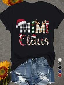 Women's 'MIMI Claus' Pattern-Shirt - Festive Santa Hat And Reindeer Antlers Design, Soft Crew Neck Short Sleeve Top, Washable Spring Summer Season Party-Shirt - màu đen - Xem 1