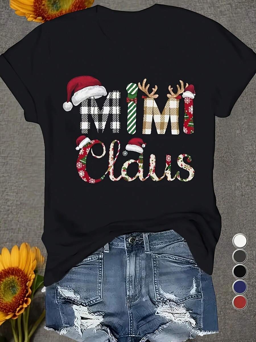 Women's 'MIMI Claus' Pattern-Shirt - Festive Santa Hat And Reindeer Antlers Design, Soft Crew Neck Short Sleeve Top, Washable Spring Summer Season Party-Shirt - màu đen - Xem 1