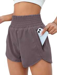 Women'S Athletic Running Shorts, Workout Gym, Elastic Waist Quick Dry Sports Shorts, High Waisted Yoga Workout Shorts With Mesh Liner Zipper Pockets - 棕色 - 查看 1
